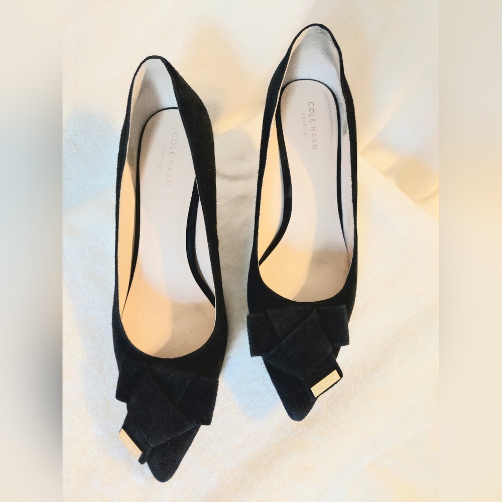 Cole Haan Black Suede Heels with Bow Accent